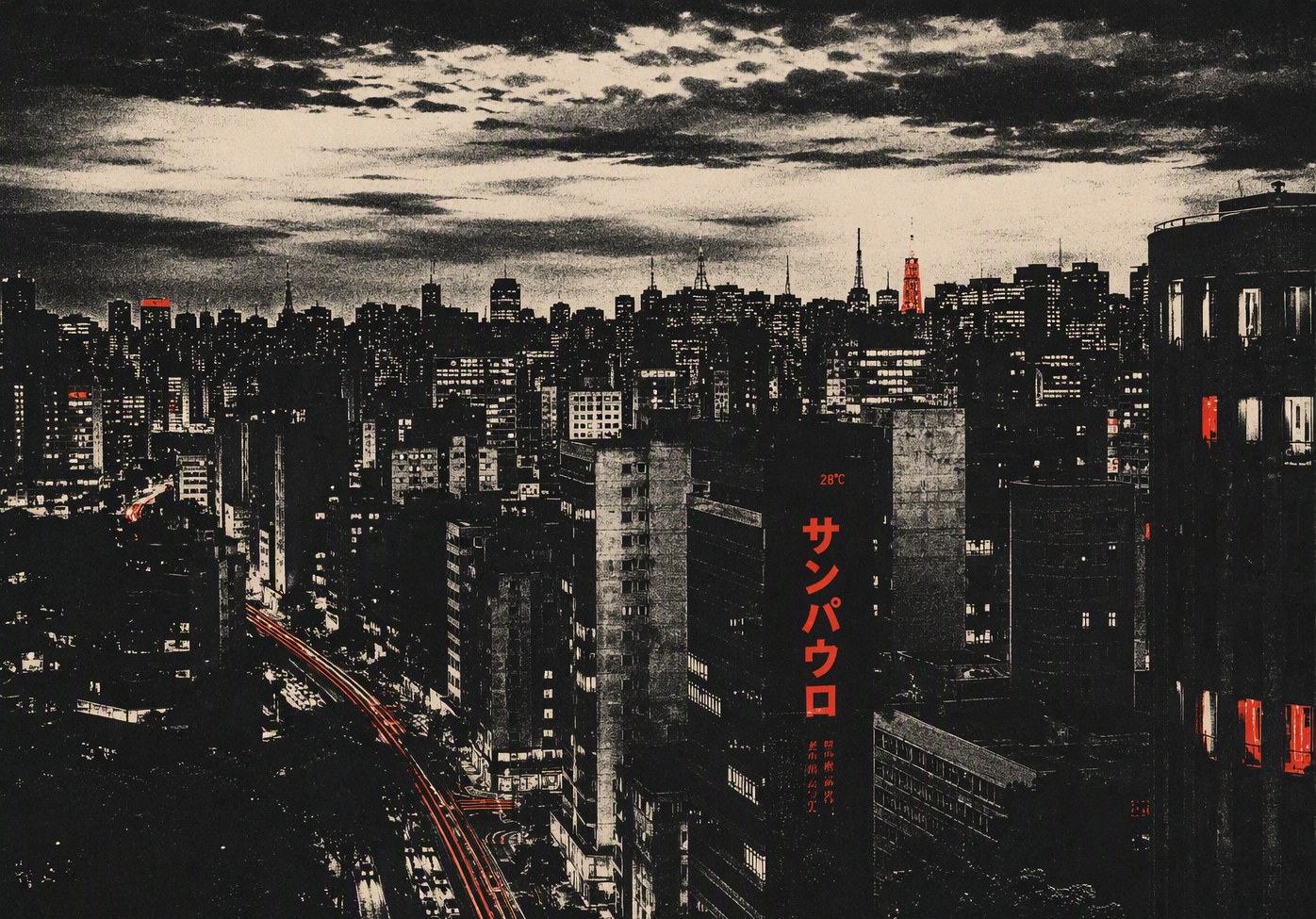 São Paulo skyline rendered in ink and vermilion